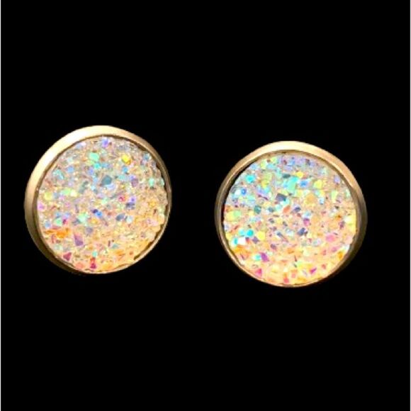 Men’s Round White Iridescent Prism Faux Druzy Hip Hop Iced Out Stud Earrings NEW - Picture 1 of 10